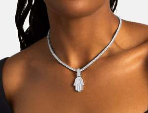 Collier pendentif main Hamsa en moissanite de luxe, argent sterling 925 plaqué rhodium, chaîne maille forçat, unisexe, pour usage quotidien - Product Image 2