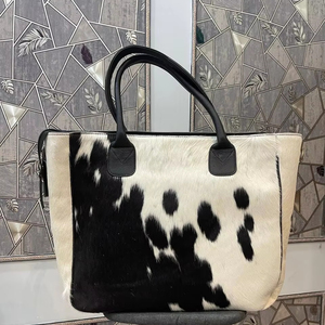 Bolso Tote Grande de Cuero Genuino con Pelo de Vaca, Cierre de Cremallera, Bordado, Color Sólido, Estilo Vintage, Color Personalizable - LHTB-0047 - Product Image 1