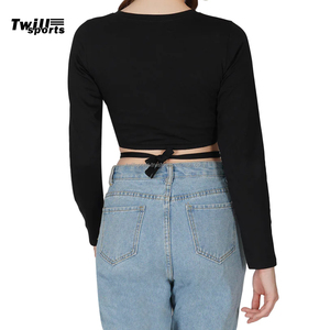 Women Slim Fit Breathable O Neck Crop <b>Tops</b> Tummy <b>Cross</b> Long Sleeve Quick Dry Eco-Friendly Spandex/Cotton Sport Tank <b>Top</b> for Yoga - Product Image 3