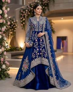 Costume Anarkali en velours bleu avec broderie florale, robe de mariage traditionnelle pour femmes, style Inde Pakistan, vêtements d'hiver - Product Image 2