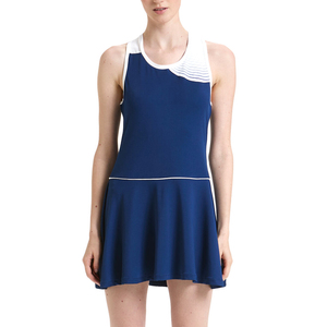 Robe de tennis sans manches bleue pour femme, col blanc, style débardeur, évacuation de l'humidité, respirante, séchage rapide, 100% polyester, personnalisable - Product Image 1