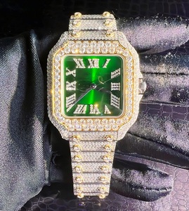 Montre automatique de luxe pour homme, cadran vert glacé, chiffres romains carrés, accents dorés, entièrement sertie de diamants, style hip-hop, bijoux de luxe - Product Image 1