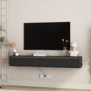 Mobile TV Sospeso a Parete con Luci LED e Presa di Corrente per TV Nera in Soggiorno - Product Image 2