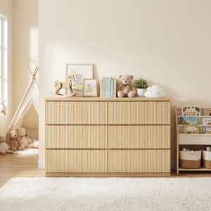 Modern Natural Wood <b>6</b>-<b>Drawer</b> Dresser with Wave Panel Fronts Versatile Storage Cabinet for Bedroom & Living for Baby Organization - Product Image 1