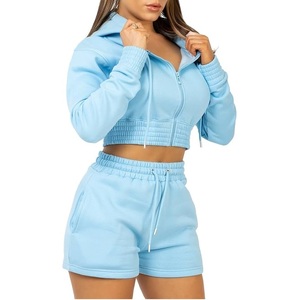 Conjunto de 2 Piezas para Mujer, Sudadera Corta con Capucha y Pantalones Cortos, Ropa Deportiva Informal de Felpa, Primavera Verano, Color Sólido, Cierre Frontal con Cremallera, Corte Regular - Product Image 1
