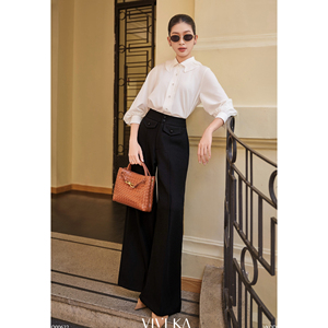 Pantalon de bureau décontracté élégant pour femme, taille haute, coupe droite, noir, avec détail poches à rabat, en polyester et élasthanne OWEN - Product Image 4