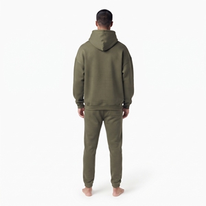Ensemble deux pièces tendance vert olive, coupe ample, épaules tombantes, en molleton de coton pour homme, style streetwear. - Product Image 5