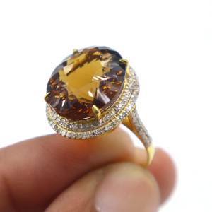 Anillo de Plata de Ley 925 Chapado en Oro con Cuarzo Natural Color Miel y Diamantes, Anillo de Regalo con Piedras Preciosas para Mujer - Product Image 1