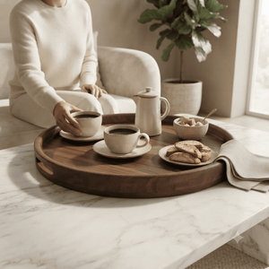 Bandeja Redonda de Madera Hecha a Mano con Asas, Bandeja para Desayuno, Café y Té, Decoración Rústica para Mesa de Comedor, Juego de Regalo al por Mayor - Product Image 3