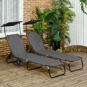 Set di 2 Sdraio Pieghevoli Grigio Scuro per Piscina con Parasole e Schienale Reclinabile, Telaio in Acciaio e Alluminio - Product Image 2