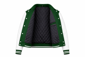 Chaqueta Varsity Verde y Blanca 100% Lana, Estilo Preppy, Cuello Camisero, Botones de Cuero Genuino, Corte Regular, Transpirable para Invierno - Product Image 2