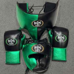 No Boxing No Life Boxing Gear Set <b>Green</b> Black Leather Head Guard Groin Protector <b>Lace</b>-up Boxing Gloves Adult Sparring Equipment - Product Image 5