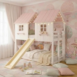 Customized Color Eco-friendly Convertible Wooden Bunk <b>Bed</b> for Kids ith <b>Slide</b> Comfortable Bedroom Furniture Modern Kids Furniture - Product Image 1