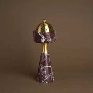 Porta Incienso de Mármol Rojo Oscuro con Base Cónica, Sección Cilíndrica, Tapa de Cúpula Perforada, Diseño Redondeado, Pieza Ornamental - Product Image 1