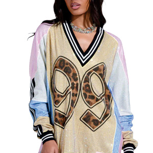 Jersey de Fútbol Americano Personalizado para Mujer, con Lentejuelas y Malla, Estilo Y2K, Cuello en V, Diseño de Leopardo con Número, Jersey de Fútbol de Diseñador - Product Image 6