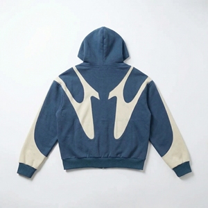 เสื้อฮู้ดซิปสีน้ำเงินครีม แต่งแผ่นผ้าตัดต่อสีตัดกัน สไตล์มินิมอลเรียบง่าย สตรีทแวร์ รับผลิตแบบ OEM/ODM - Product Image 2
