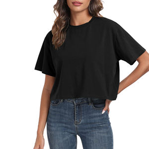 Camiseta Corta Negra para Mujer, Cuello Redondo, Corte Holgado, Informal, de Color Sólido, Tejido de Punto Jersey, Transpirable, para Primavera/Verano - Product Image 3