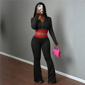 Women 2 Piece <b>Set</b> Short Sleeve Zipper Short Top Flared Pants Solid Color Knitted Sportswear <b>Sexy</b> Club Wear Quick Dry All Seasons - Product Image 1