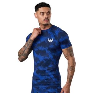 T-shirt de compression à manches courtes pour homme, camouflage bleu, entraînement sportif, performance athlétique, gym, fitness, vêtements de sport - Product Image 1
