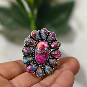 Bague bohème à grappe de fleurs en pierres précieuses avec pierres précieuses d'huître épineuse rose, plaqué argent sterling 925, bijoux unisexe, cadeau de mariage - Product Image 3