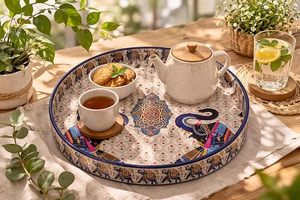 Round Patterned Serving Tray Decorative Tea Coffee Platter with Compartment for Home Dining - Product Image 5