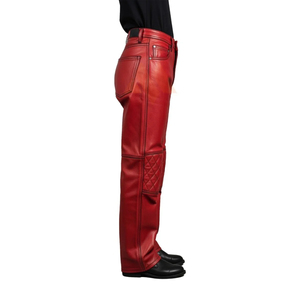 <b>Men's</b> Red Genuine Sheep <b>Leather</b> Plus Size Moto Biker <b>Pants</b> Mid Waist Zipper Fly Quilted Knee Panels Straight Fit Winter Style - Product Image 3