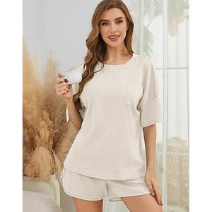 Women Trendy Waffle <b>Knit</b> Two Piece <b>Set</b> Oversized Tee and Shorts Casual Daily Wear Outfit - Product Image 3