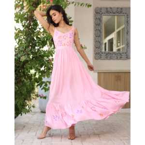 ชุดเดรสสีชมพูทรงบานสำหรับฤดูร้อน ผ้าทอระบายอากาศดี สายเดี่ยวแบบสปาเก็ตตี้ ผูกเชือกด้านหลัง ไซส์ XS ชุดลำลองเอวธรรมชาติ - Product Image 5