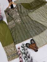 Ensemble de costume pakistanais vert olive brodé, travail de broderie Zari lourd, Salwar Dupatta, luxe, pour mariage, fête, hiver, été, livraison rapide