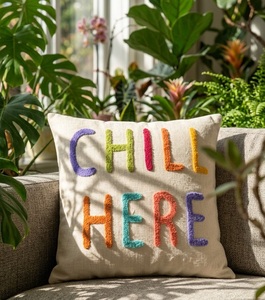 Vibrant "CHILL HERE" Typography Tufted Decorative <b>Cushion</b> <b>Cover</b> with Multicolored Texture - Product Image 1