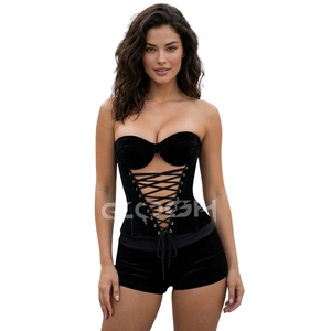 Top Corset de Terciopelo Negro de Alta Calidad al por Mayor, sin Tirantes, con Cintura Ajustable y Cordones Cruzados Delanteros, Lencería para Fiestas - Product Image 3