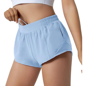 Shorts de sport pour femmes bleus, taille haute, en polyester, avec poche latérale zippée, cordon de serrage caché, respirants, pour le yoga - Product Image 1
