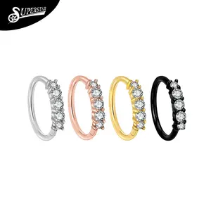 Superstar 316L Stainless Steel Septum Welded Prong Setting 5 White Zircon Nose Body Piercing Jewelry Hinged Segment Clicker Ring