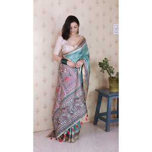 Sari élégant en soie Tussar vert marine Elite Weaves, imprimé Madhubani, protection solaire, bordure tissée Zari, 450g, pour soirée et mariage - Product Image 3