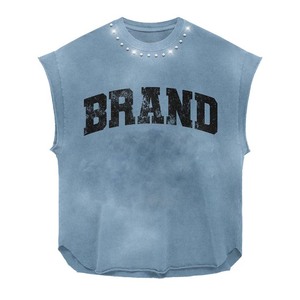 Women sleeveless tshirt GSM premium cotton jersey breathable <b>red</b> vintage wash rhinestone neck print custom Women's Cotton shirts - Product Image 2