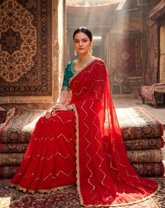 KV Embroidered Bollywood Georgette Designer Saree With Unstitched <b>Blouse</b> (<b>Red</b>) - Product Image 1
