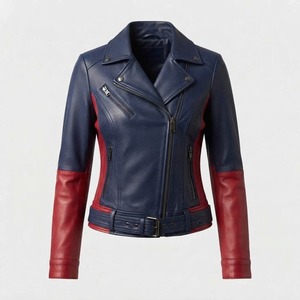 Chaqueta de Motociclista de Cuero Genuino para Mujer, Diseño Color Block Azul y Rojo, Manga Larga con Cremallera, Abrigo de Motociclista para Otoño - Product Image 1