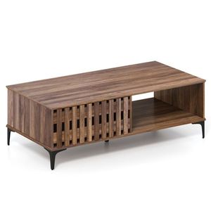 47-Inch Mid Century Walnut Wooden Look Coffee Table with <b>Storage</b> Cabinets & <b>Open</b> Compartment Heavy Duty Accent Table - Product Image 3