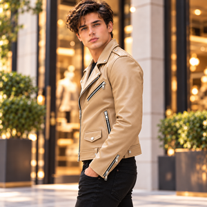 Blouson de motard en cuir de vachette beige pour homme, coupe ajustée, style vintage punk rock, avec fermeture éclair - Product Image 5