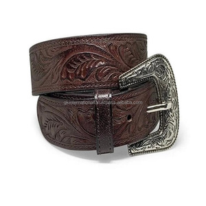 Ceinture d'outillage occidentale en cuir pour hommes, durable et confortable, boucle à ardillon unique en argent antique réglable avec relief floral - Product Image 5