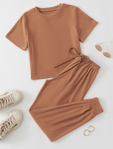 Solid Color Knitted Casual <b>Set</b> Short Sleeve Crew Neck Top Full Length Pants Breathable Loose Fit Spring Summer Wear - Product Image 4