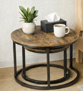 Modern Round Set of 2 Coffee <b>Tables</b> with Rustic Wood Top Decorative Design <b>Adjustable</b> Non-Slip Feet for Home & Garden Use - Product Image 5