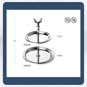Support de service en métal à deux niveaux au design luxueux avec poignée décorative en forme de tête de cerf et finition argentée polie miroir, parfait pour les desserts - Product Image 3