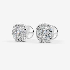 Boucles d'oreilles solitaires Halo Cushion en or jaune 18 carats avec diamant taille coussin serti clos, de luxe pour femme, mariage et mariée - Product Image 2