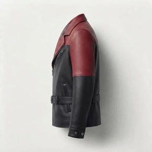 Chaqueta de Cuero para Hombre, Estilo Motero, Color Rojo y Negro, Cuello Camisero, Cierre de Cremallera, Cinturón, Corte Ajustado - Product Image 4