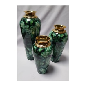 Luxury Tropical Leaf Decorative Flower <b>Vase</b> <b>Set</b> Matte Green Pattern <b>Vases</b> with Ornate Gold Rims Aluminium & Iron Modern Design. - Product Image 1