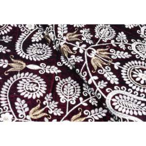 Tissu en velours brodé au mètre - 54 pouces de large - Motif Paisley vin avec broderie blanche - TFAB VEL01 043 - Product Image 1