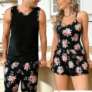 Men's/Women's Couple Style Printed Short Sleeve 100% Cotton Eco-Friendly Breathable Loungewear Shorts Set Women's Printed - Product Image 2