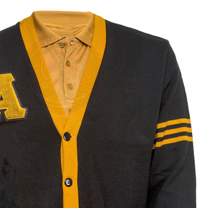 Cárdigan Negro de Punto para Mujer con Cuello en V Amarillo y Parche de la Letra A, Manga Larga, Estilo Clásico Preppy - Product Image 6