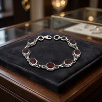 Bracelet unisexe en argent 925 style bohème avec grenat rouge serti clos, maillons de chaîne, pour usage quotidien